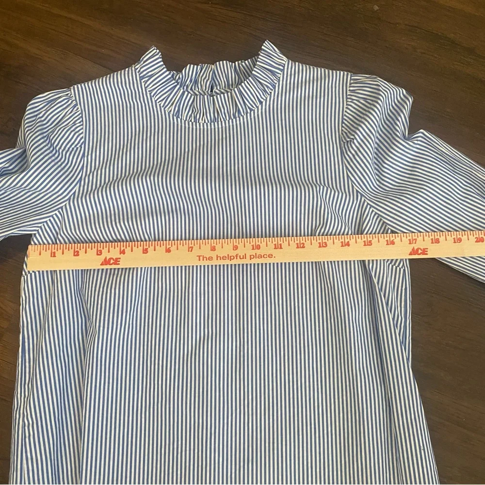J. Crew Ruffle Neck Stripe Top in Blue and White Organic Cotton XS